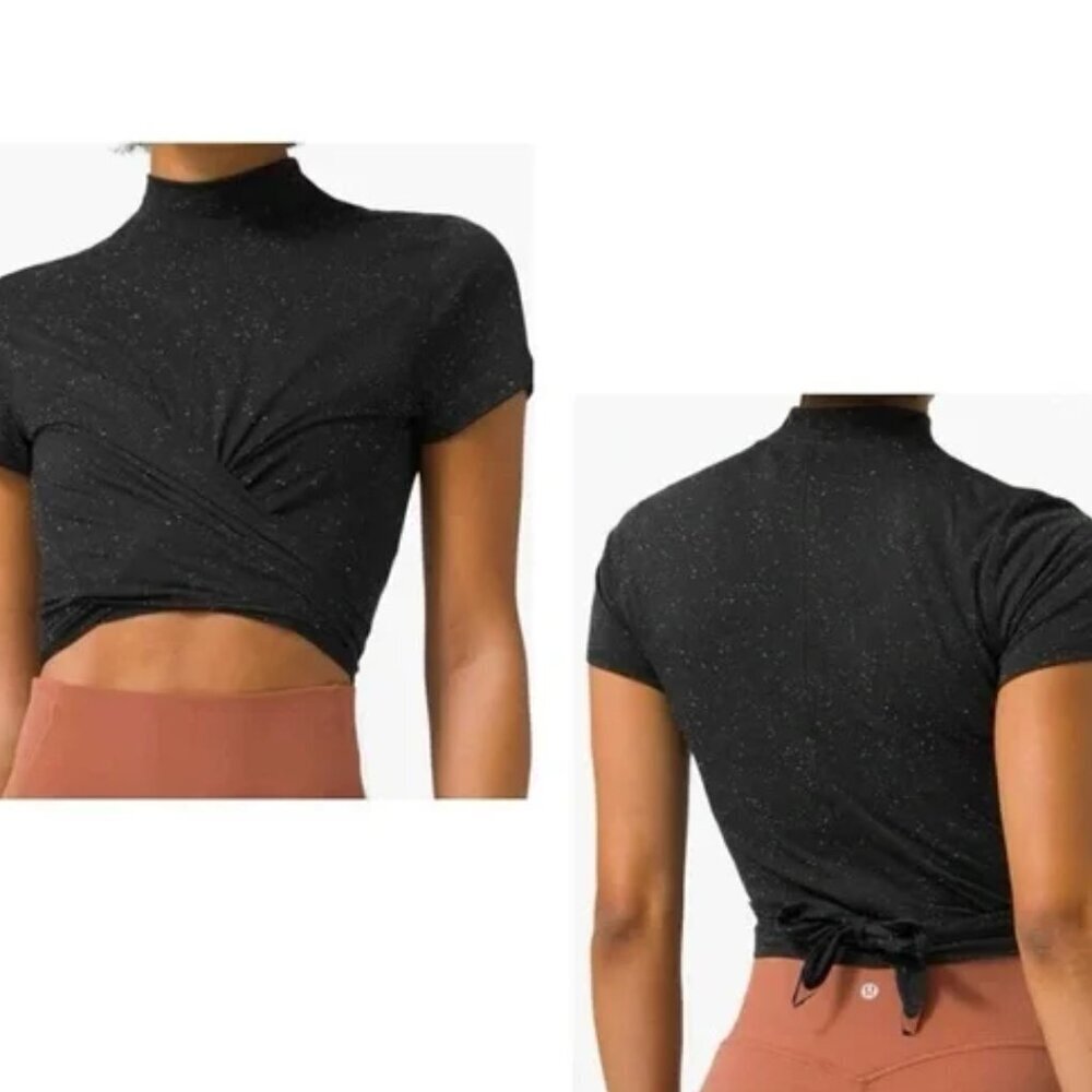 LULULEMON Black‎ White Speckle TIME TO RESTORE Tie Waist Mock Neck Top